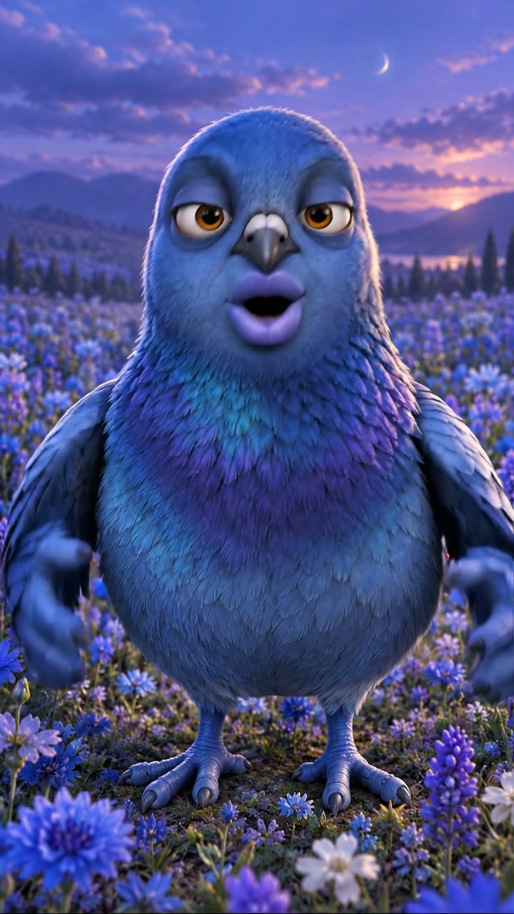 Blue whispering pigeon in a flower field, frame 1