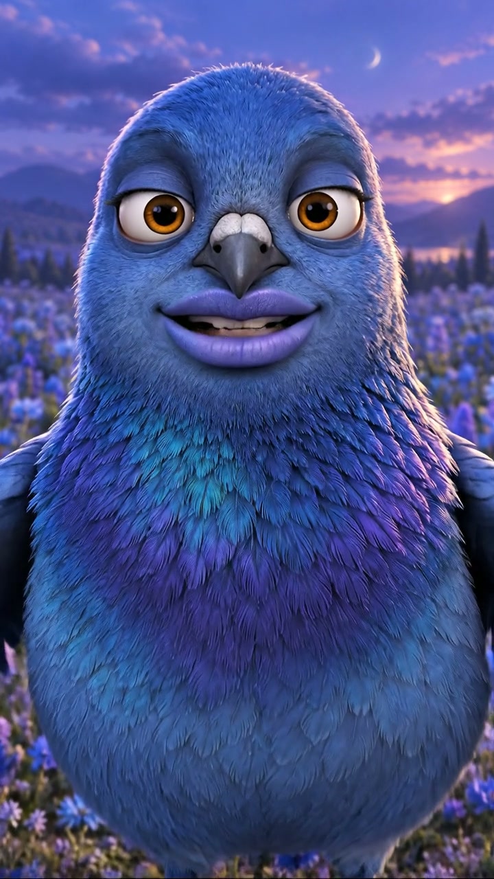 Blue whispering pigeon in a flower field, frame 2